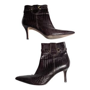 Vtg Y2K Ann Taylor Brown Croc Embossed Leather Pointed Stiletto Ankle Boots Sz 8